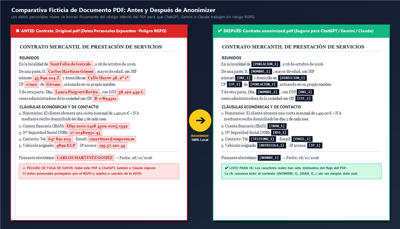 Comparativa ficticia de un documento PDF con datos personales antes y después de anonimizar con Anonimizer para subirlo de forma segura a ChatGPT, Gemini o Claude