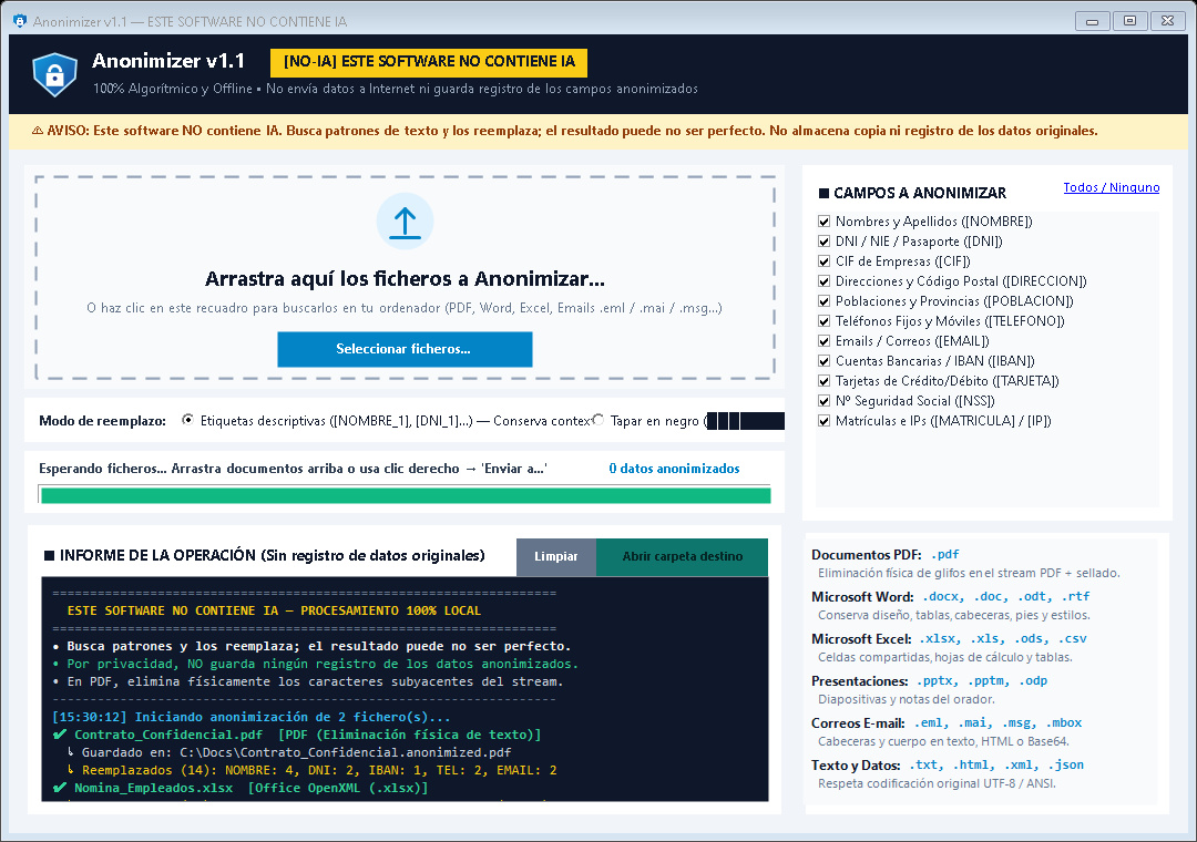 Captura de la aplicación Anonimizer v1.1 en Windows para anonimizar documentos PDF, Word y Excel antes de subirlos a ChatGPT