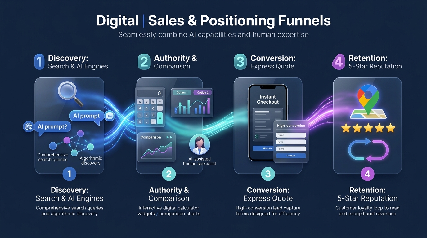 Túnel de captación de clientes de InFoAL WebAssistant: desde Google y ChatGPT hasta el contacto o la venta