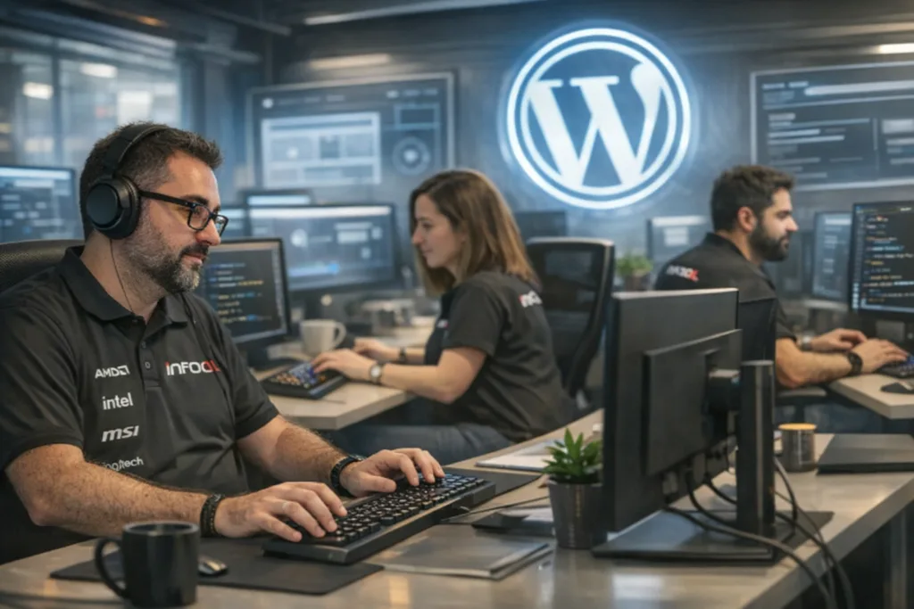 Profesionales trabajando en oficina tecnológica con logo WordPress