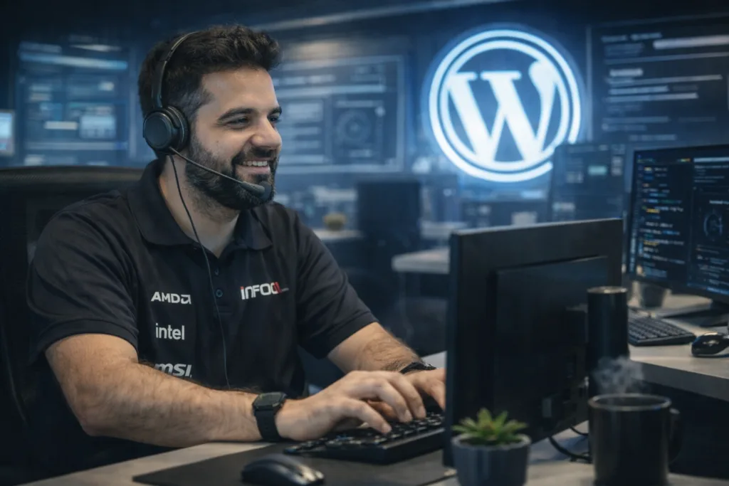 Empleado sonriente trabaja en centro de control tecnológico